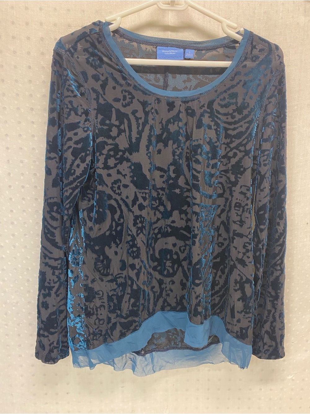 Simply Vera Wang Velvet Burnout Top Teal Sheer Mesh Long Sleeve Romantic Goth L